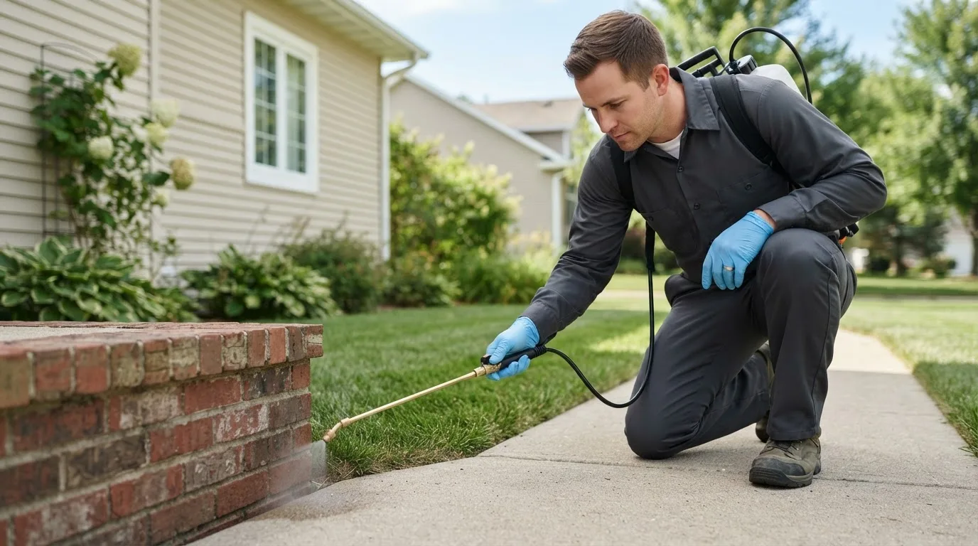 Pest control technician treating a home near Round Pond, ME
