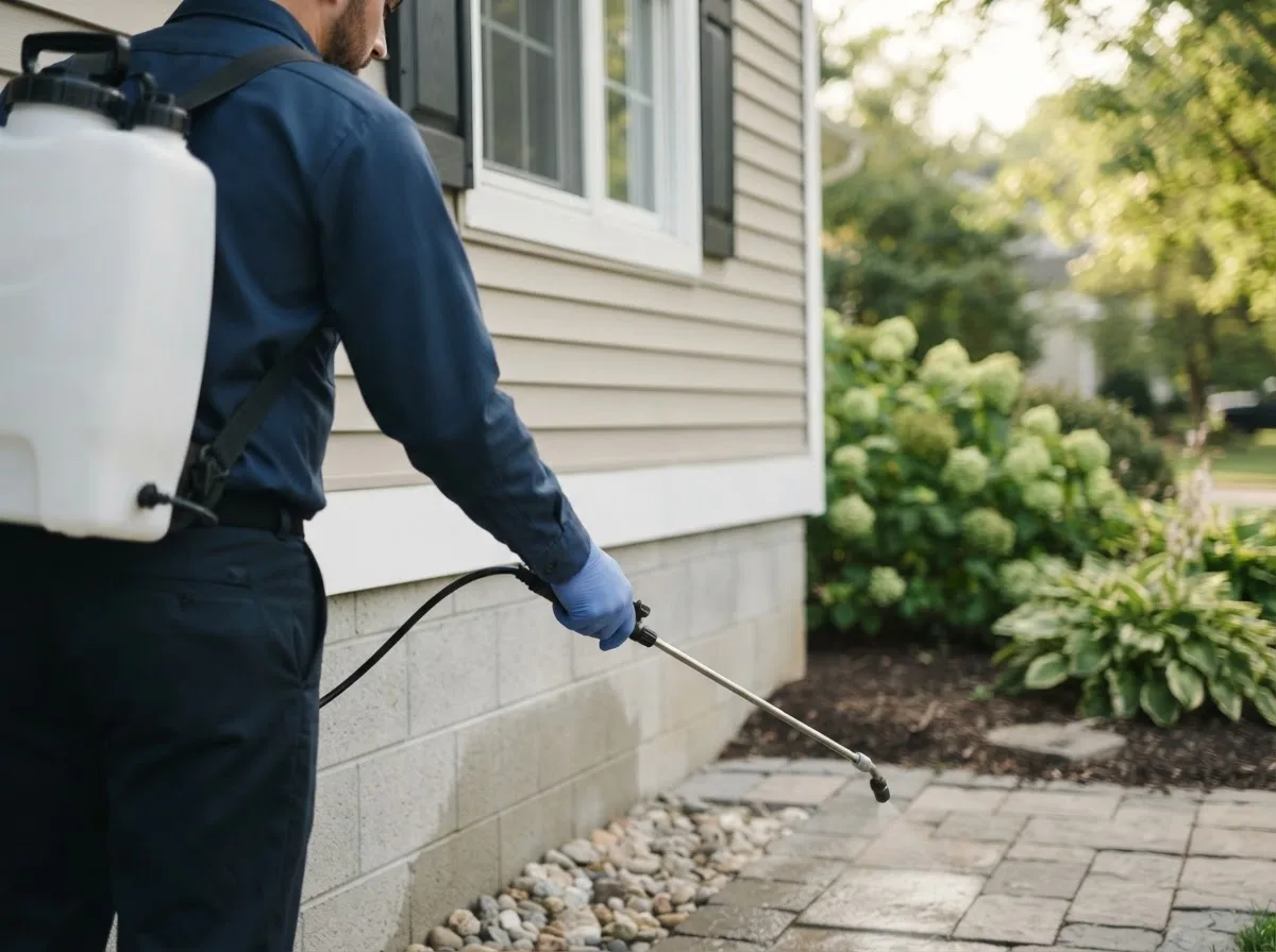 Pest control technician inspecting a home in Round Pond, ME